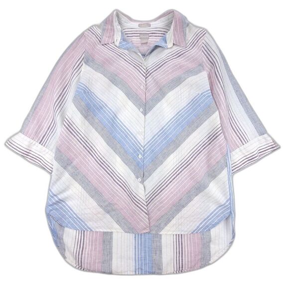 CHICOS No Iron 100% Linen Stripe Shirttail Hem Tunic Button Up Shirt Plus 16 18 - Picture 1 of 6